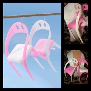 NEW! Huge Tacky Fun Weird Pink & White Chair Furniture Earrings 4.7” X 3”